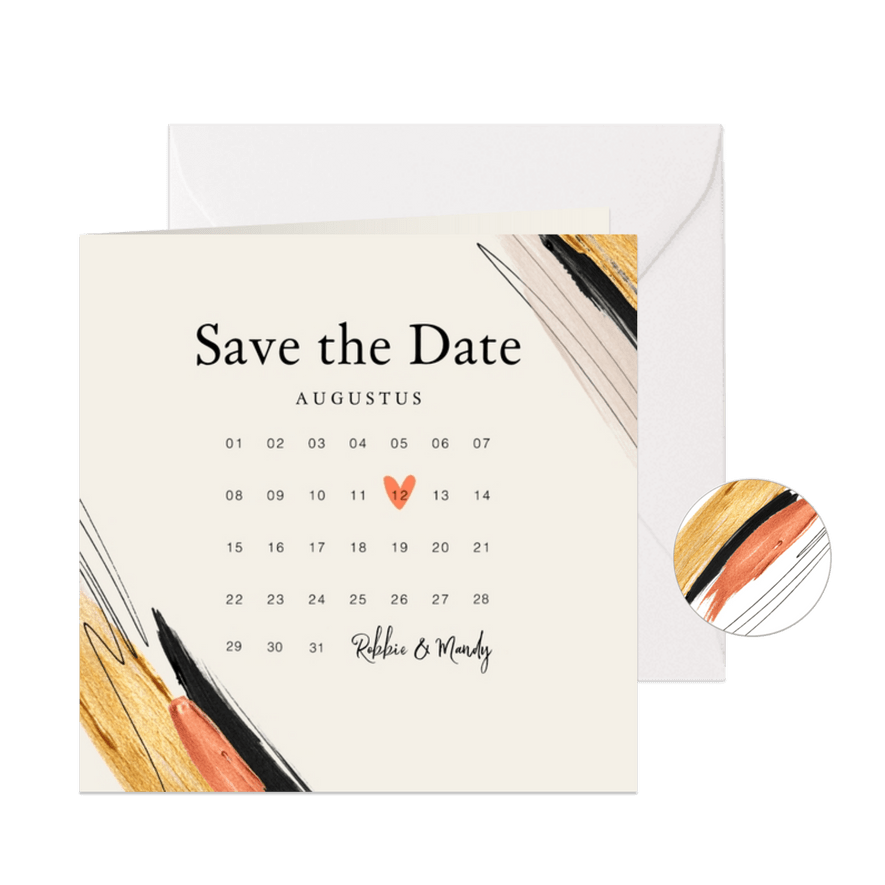 Trouwkaart save the date verf trend kalender hartje goud - Kaartimpressie