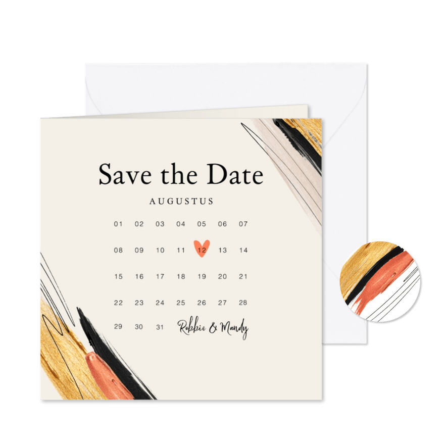 Trouwkaart save the date verf trend kalender hartje goud - Kaartimpressie