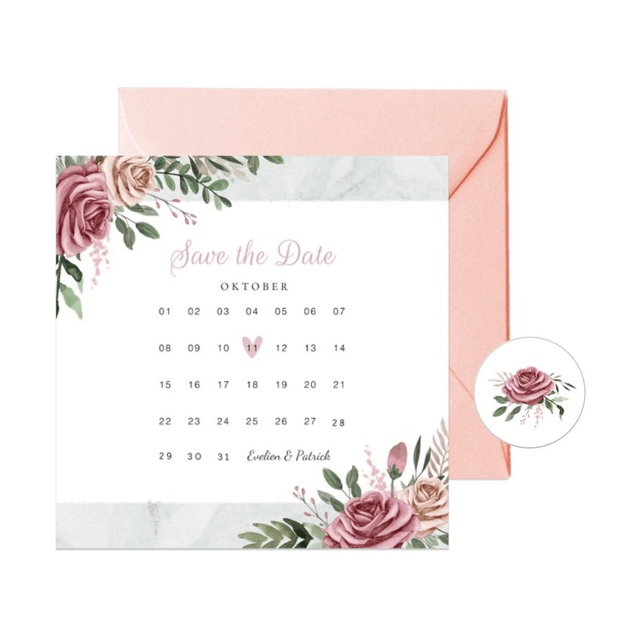 Trouwkaart save the date vintage bloemen kalender - Kaartimpressie