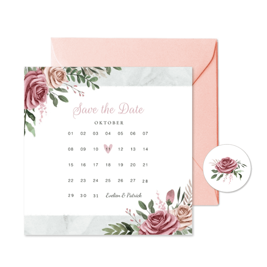 Trouwkaart save the date vintage bloemen kalender - Kaartimpressie