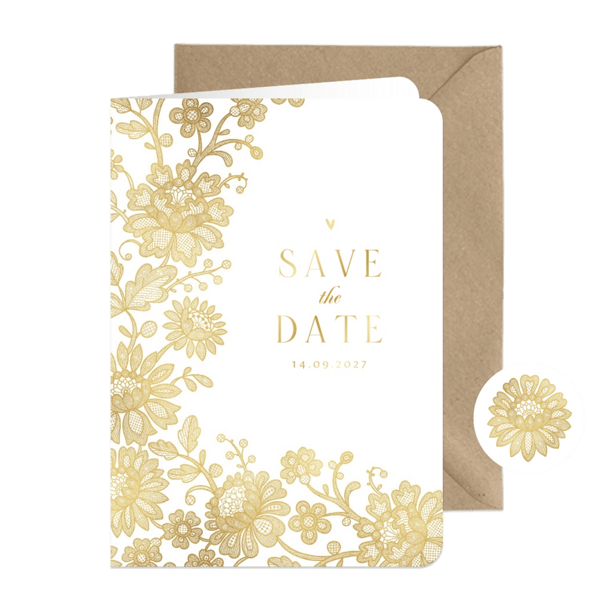 Trouwkaart save the date vintage kant goud bloemen hartjes - Kaartimpressie