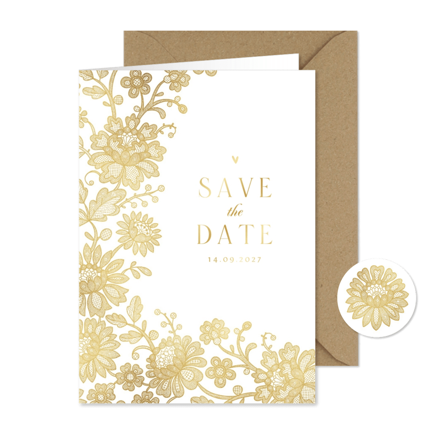 Trouwkaart save the date vintage kant goud bloemen hartjes - Kaartimpressie