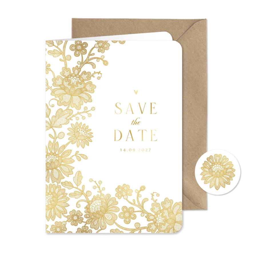 Trouwkaart save the date vintage kant goud bloemen hartjes - Kaartimpressie