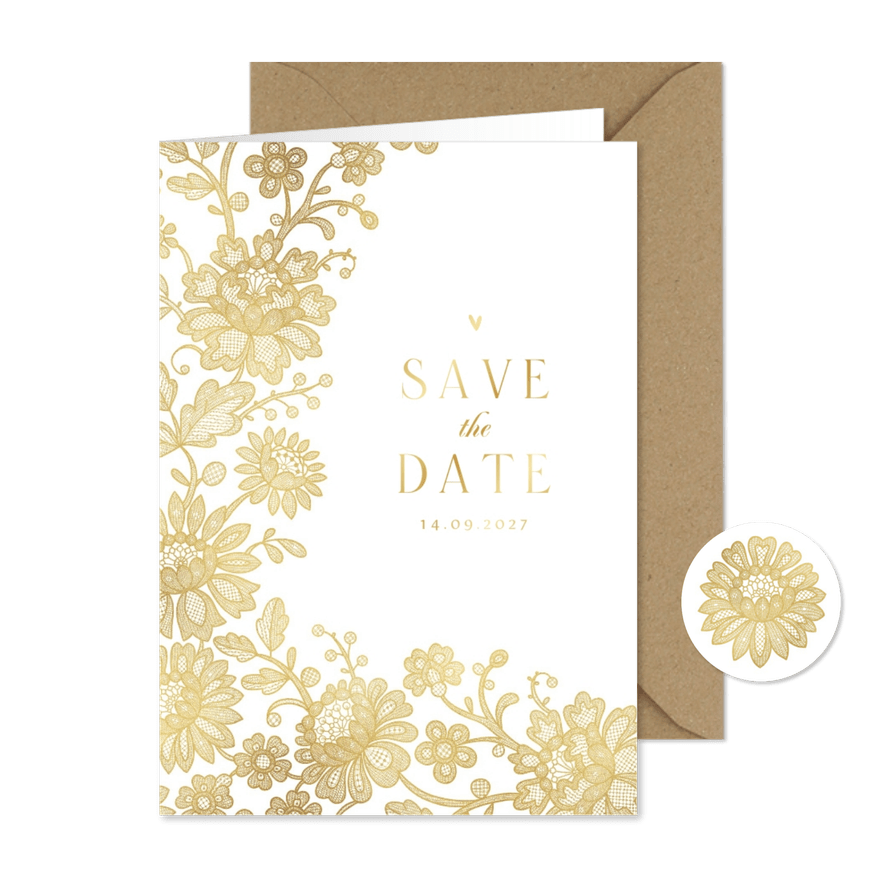 Trouwkaart save the date vintage kant goud bloemen hartjes - Kaartimpressie