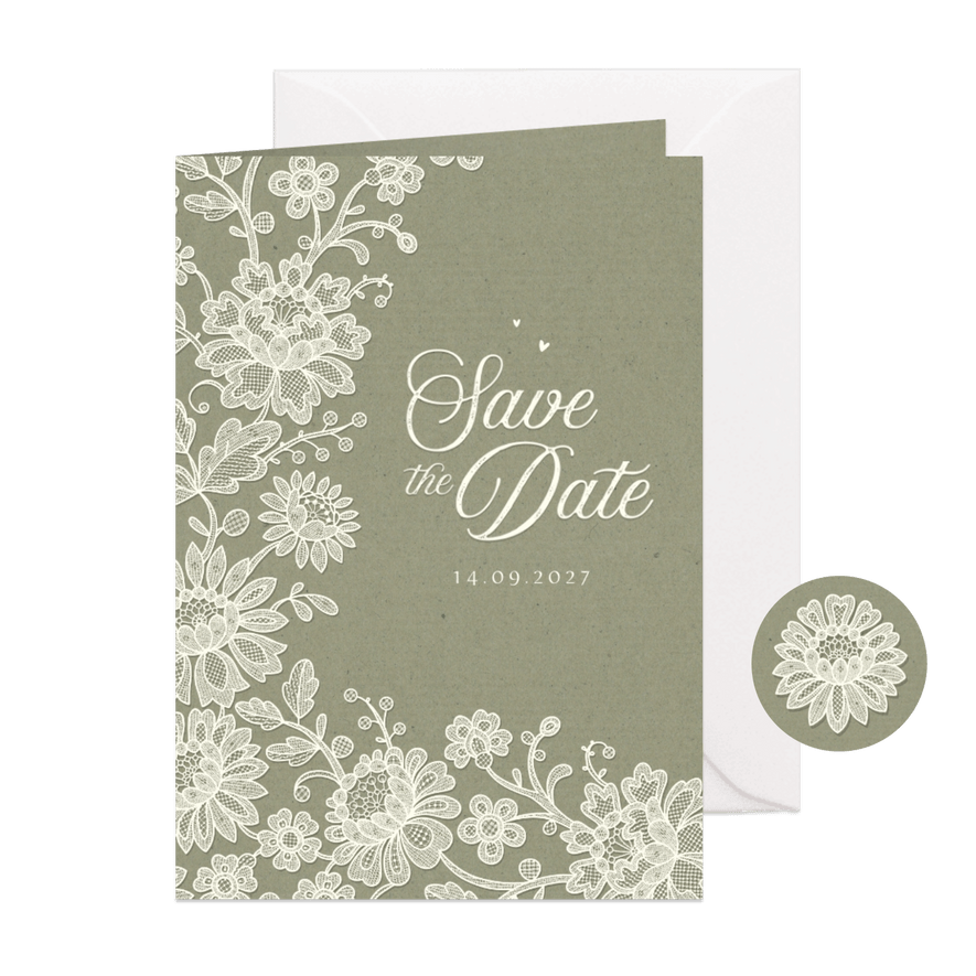 Trouwkaart save the date vintage kant kraft groen klassiek - Kaartimpressie