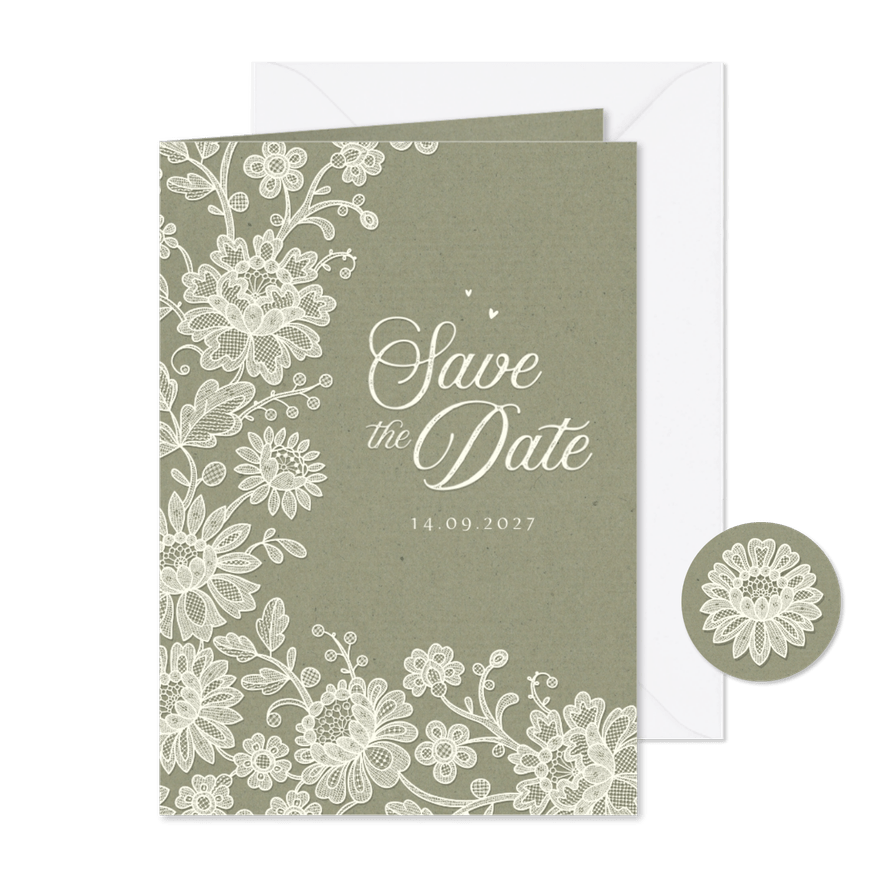 Trouwkaart save the date vintage kant kraft groen klassiek - Kaartimpressie