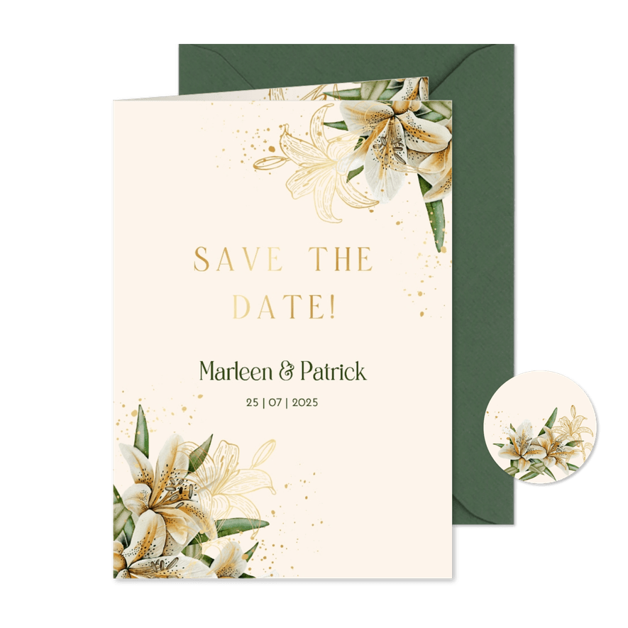 Trouwkaart Save the date witte lelie - Kaartimpressie