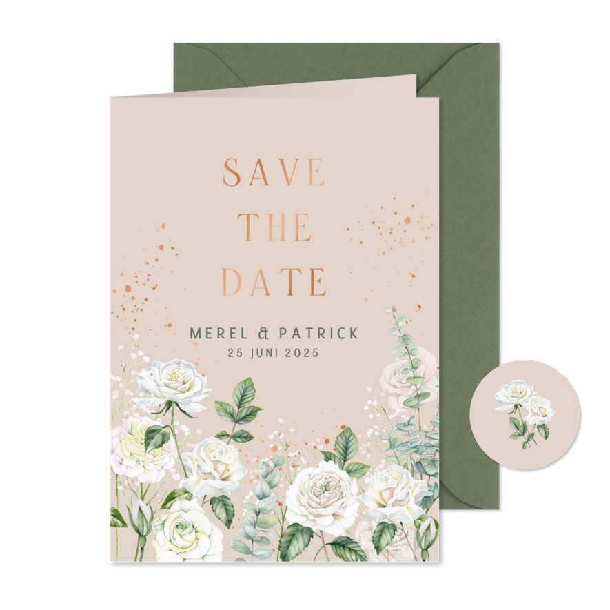 Trouwkaart save the date witte rozen met koperfolie - Kaartimpressie