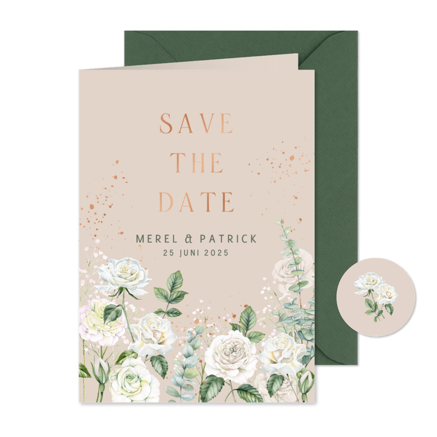 Trouwkaart save the date witte rozen met koperfolie - Kaartimpressie