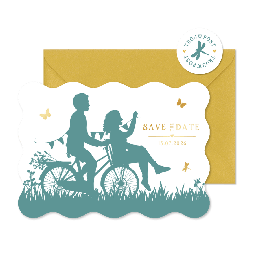 Trouwkaart silhouet samen op 1 fiets met golfrand - Kaartimpressie