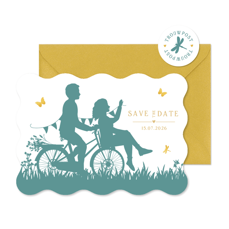 Trouwkaart silhouet samen op 1 fiets met golfrand - Kaartimpressie