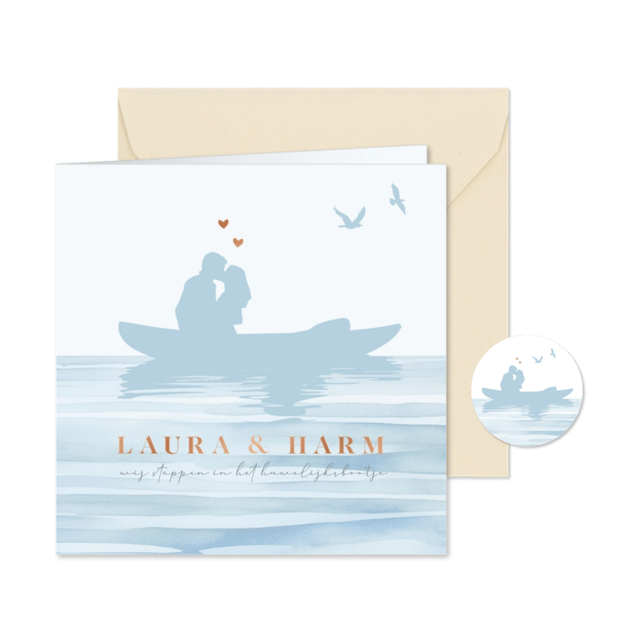Trouwkaart silhouette romantisch bootje met watercolor zee - Kaartimpressie