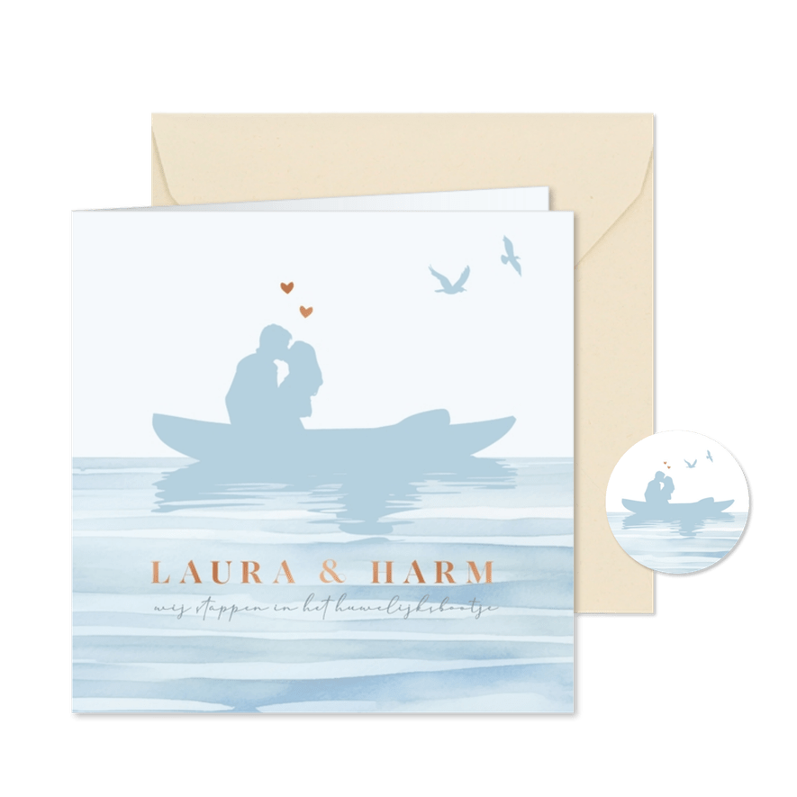 Trouwkaart silhouette romantisch bootje met watercolor zee - Kaartimpressie