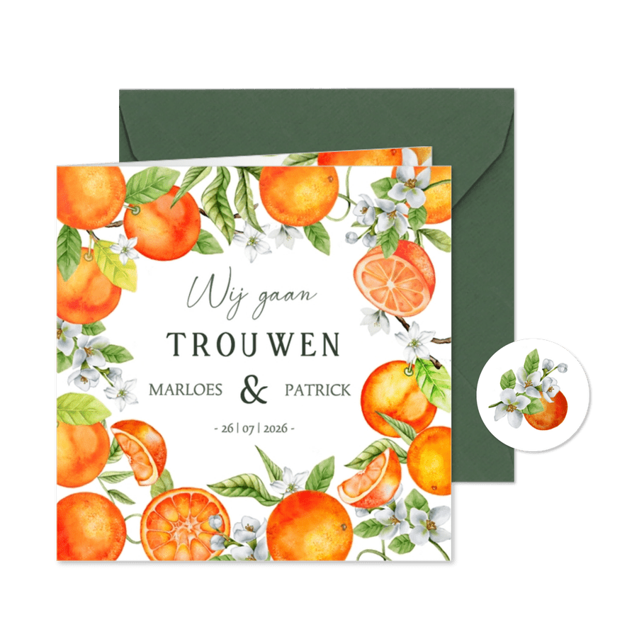 Trouwkaart sinaasappels bloesem - Kaartimpressie