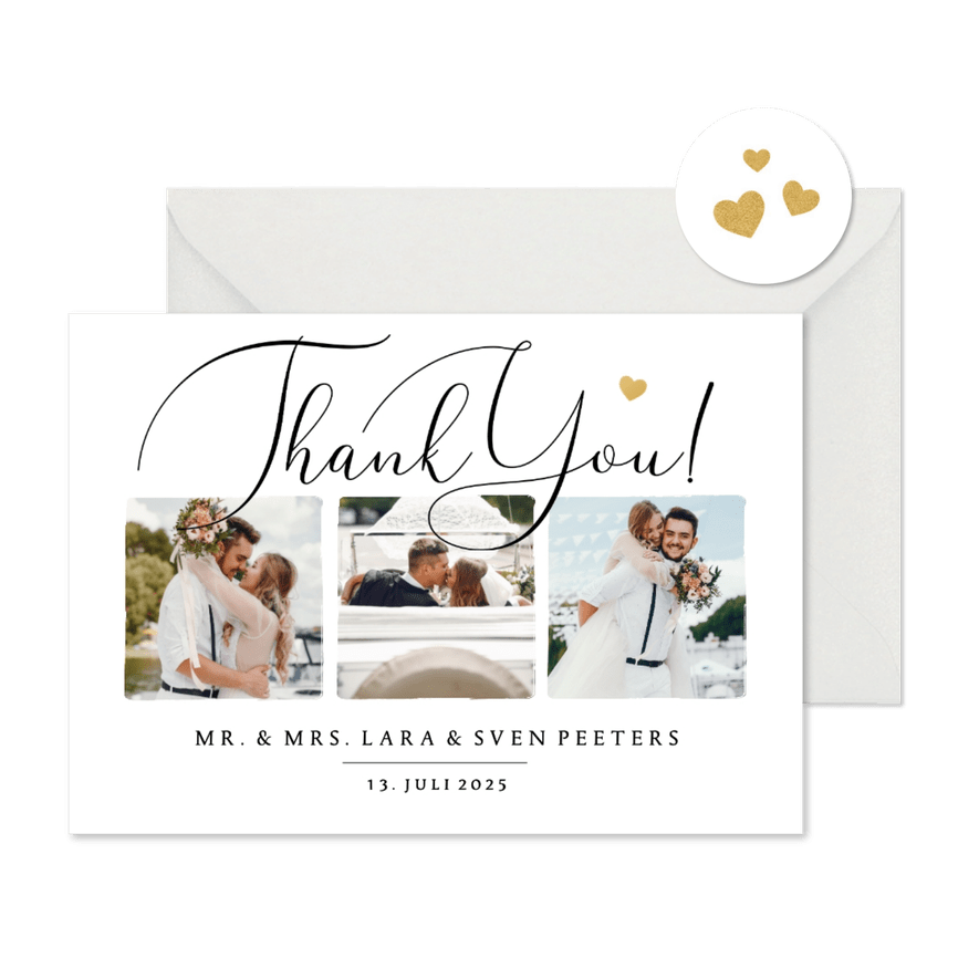 Trouwkaart stijlvol bedankt thank you foto hartje goud - Kaartimpressie