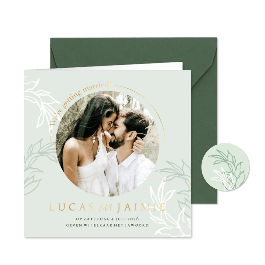 Trouwkaart stijlvol botanische bladeren foliedruk goud - Kaartimpressie