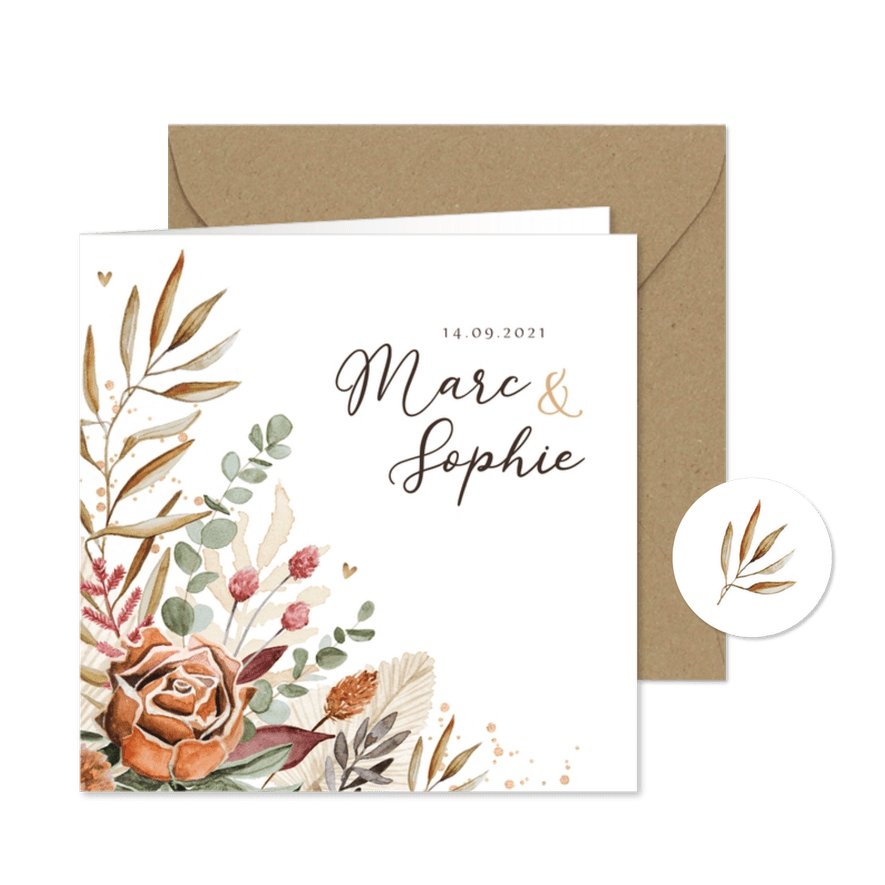 Trouwkaart stijlvol droogbloemen vintage goud hartjes - Kaartimpressie