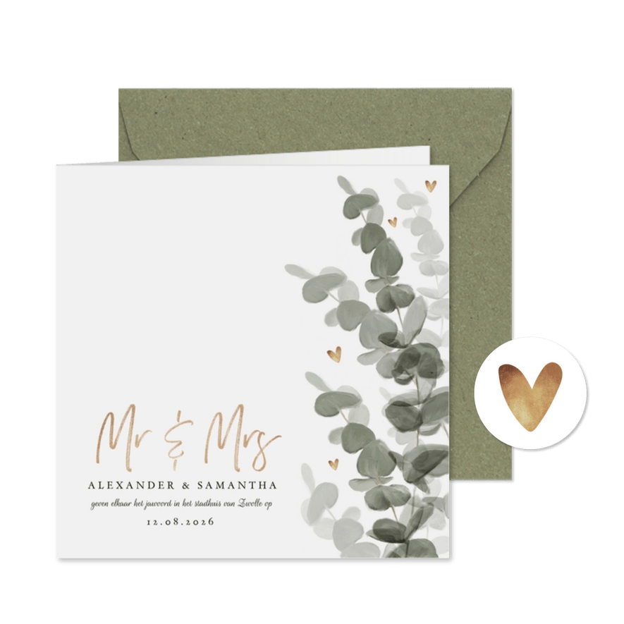 Trouwkaart stijlvol eucalyptus met gouden hartjes - Kaartimpressie