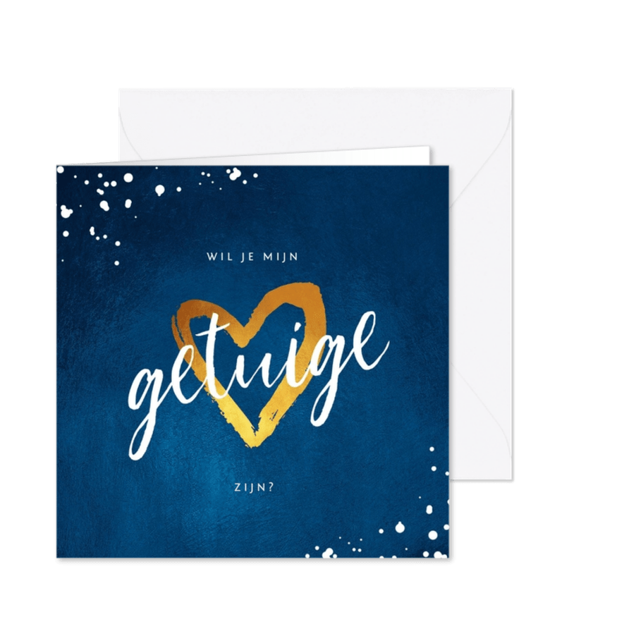 Trouwkaart stijlvol getuige goud blauw spetters - Kaartimpressie