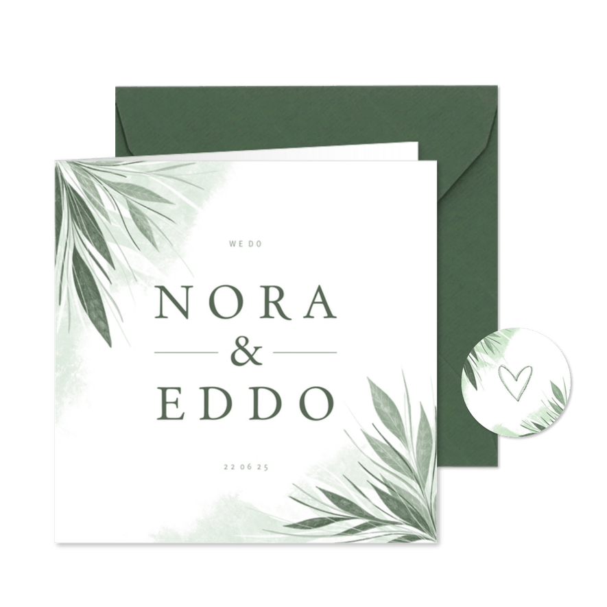 Trouwkaart stijlvol jungle bladeren met waterverf - Kaartimpressie