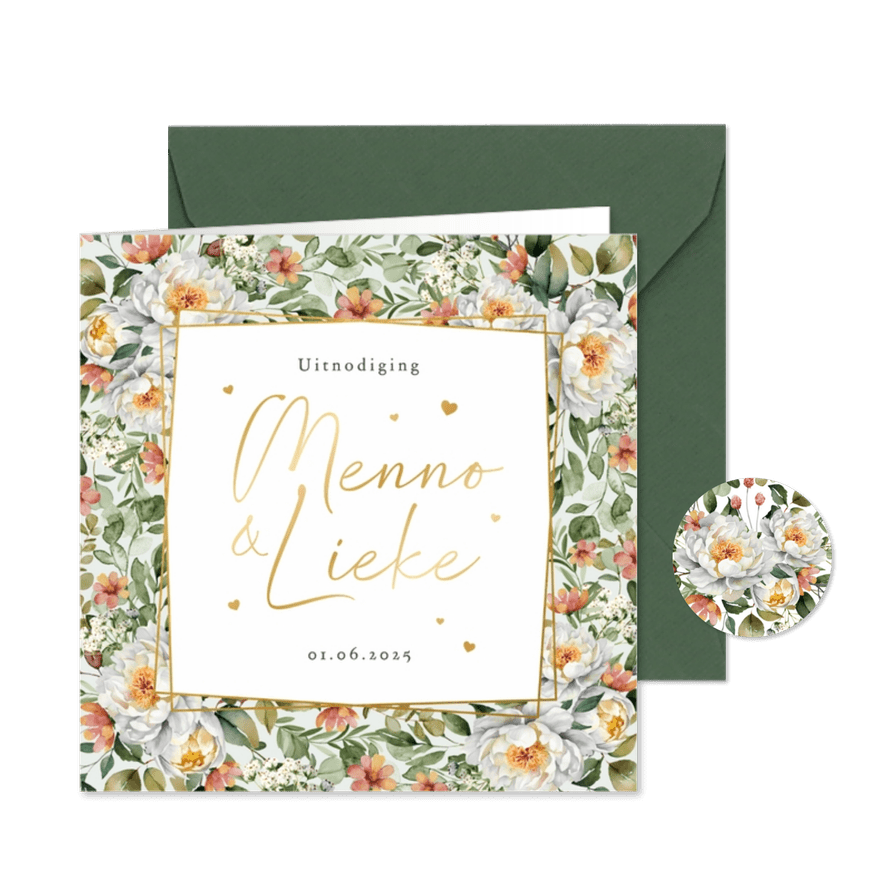 Trouwkaart stijlvol klassiek bloemen patroon waterverf goud - Kaartimpressie