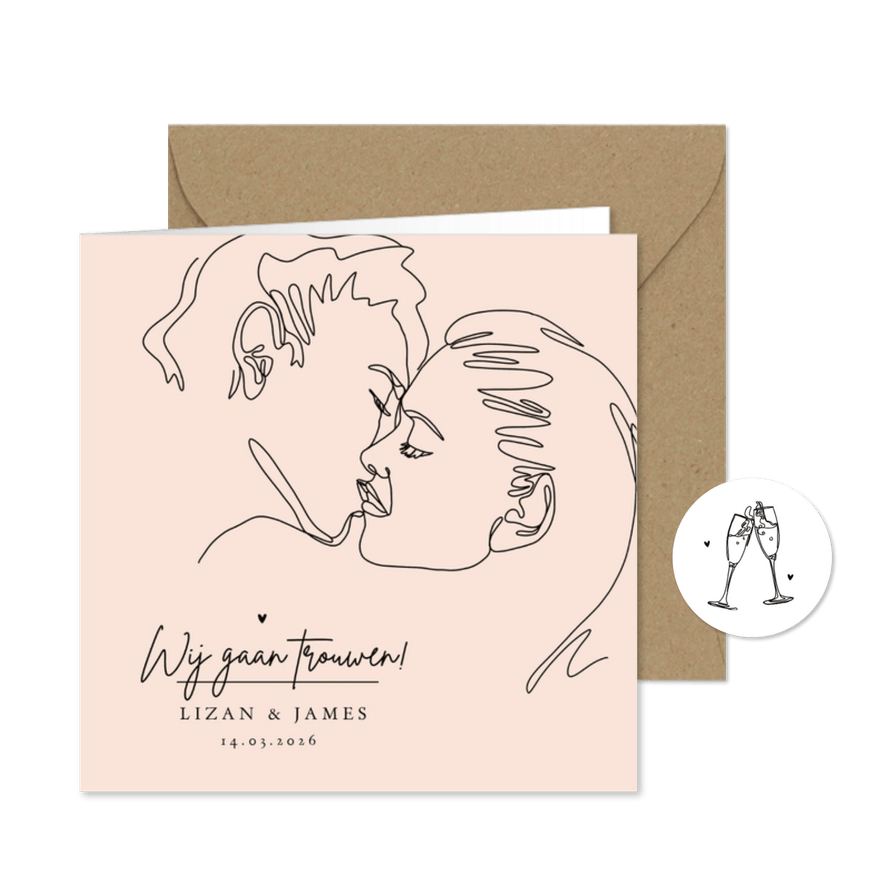 Trouwkaart stijlvol lijntekening art modern pastel - Kaartimpressie
