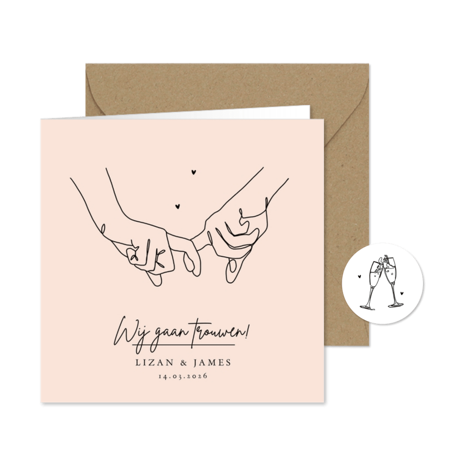 Trouwkaart stijlvol lijntekening handen modern pastel - Kaartimpressie