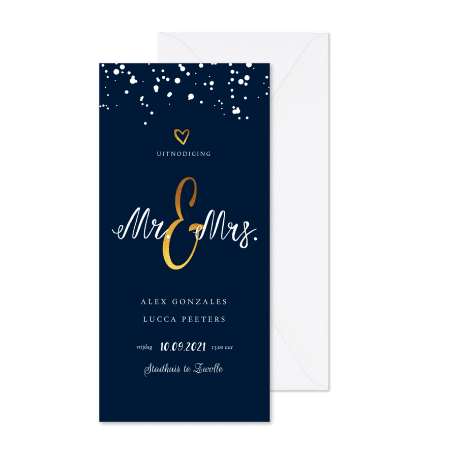 Trouwkaart stijlvol met goudaccenten en inktspetters - Kaartimpressie