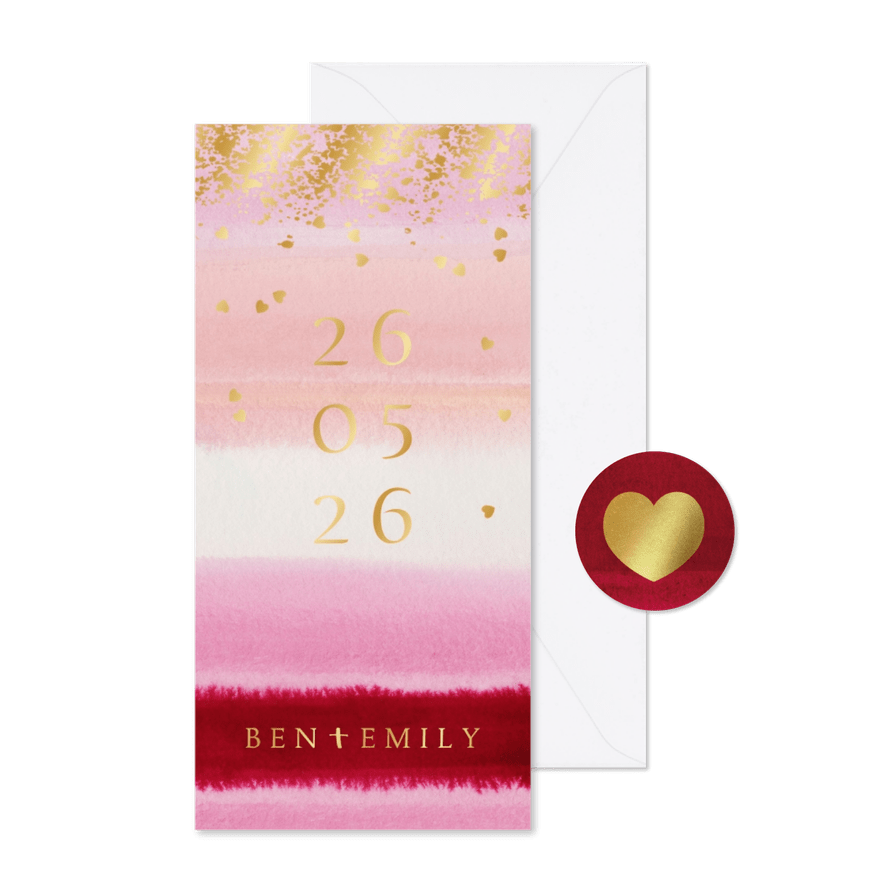 Trouwkaart stijlvol watercolour datum hartjes goud - Kaartimpressie