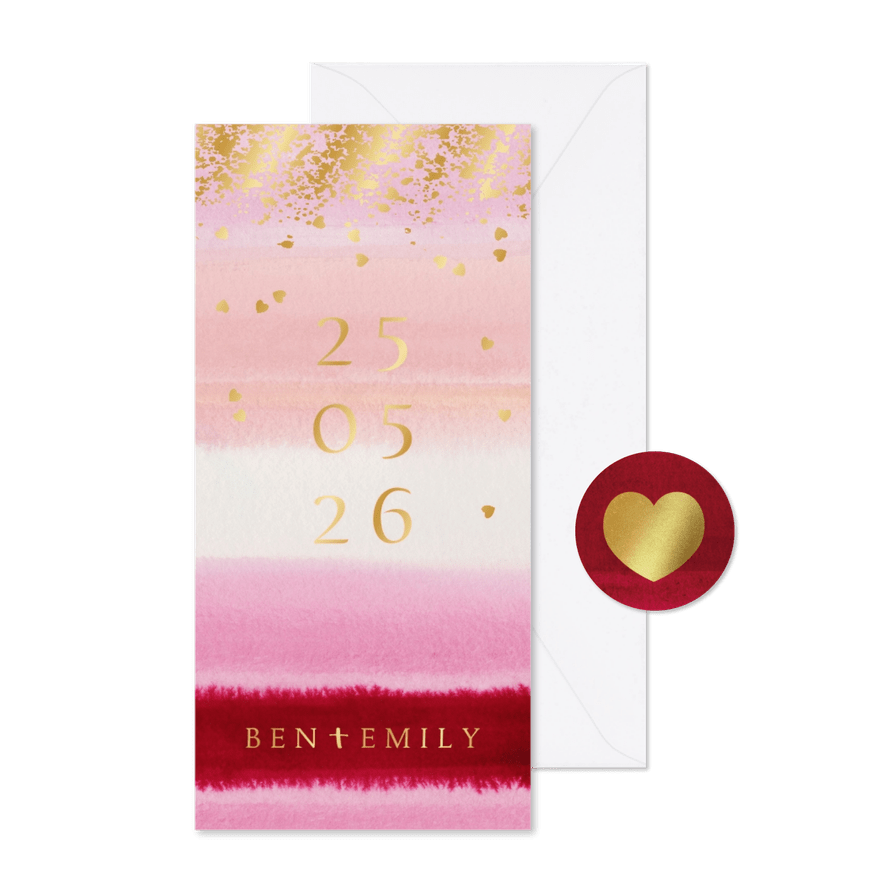 Trouwkaart stijlvol watercolour datum hartjes goud - Kaartimpressie