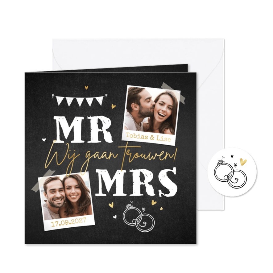 Trouwkaart stoer krijtbord hartjes ringen foto mr. mrs. - Kaartimpressie