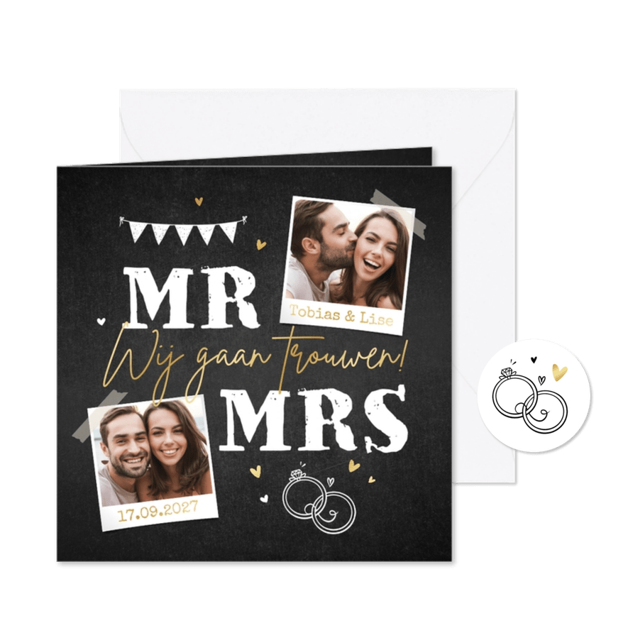 Trouwkaart stoer krijtbord hartjes ringen foto mr. mrs. - Kaartimpressie