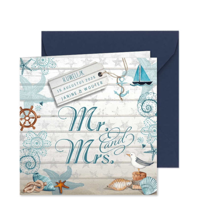 Trouwkaart Strand Zee Mr & Mrs - Kaartimpressie