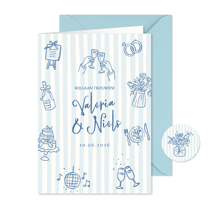 Trouwkaart strepen en illustraties - Kaartimpressie