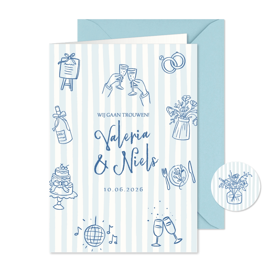 Trouwkaart strepen en illustraties - Kaartimpressie