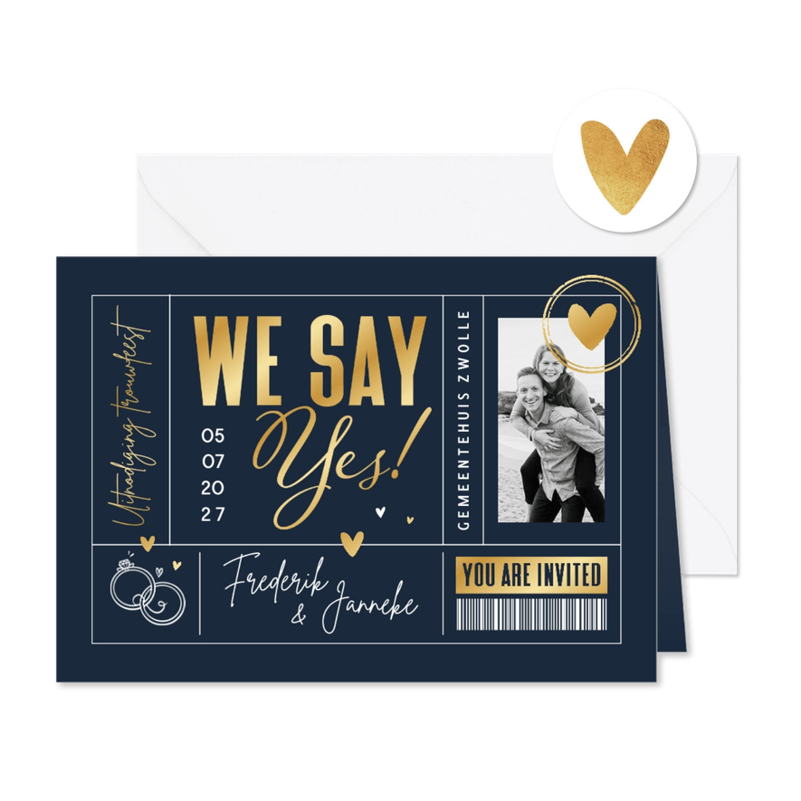  Trouwkaart ticket hartje ringen foto goud uitnodiging foto - Kaartimpressie