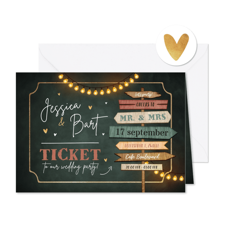 Trouwkaart ticket hout wegwijzers hartjes lampjes festival - Kaartimpressie