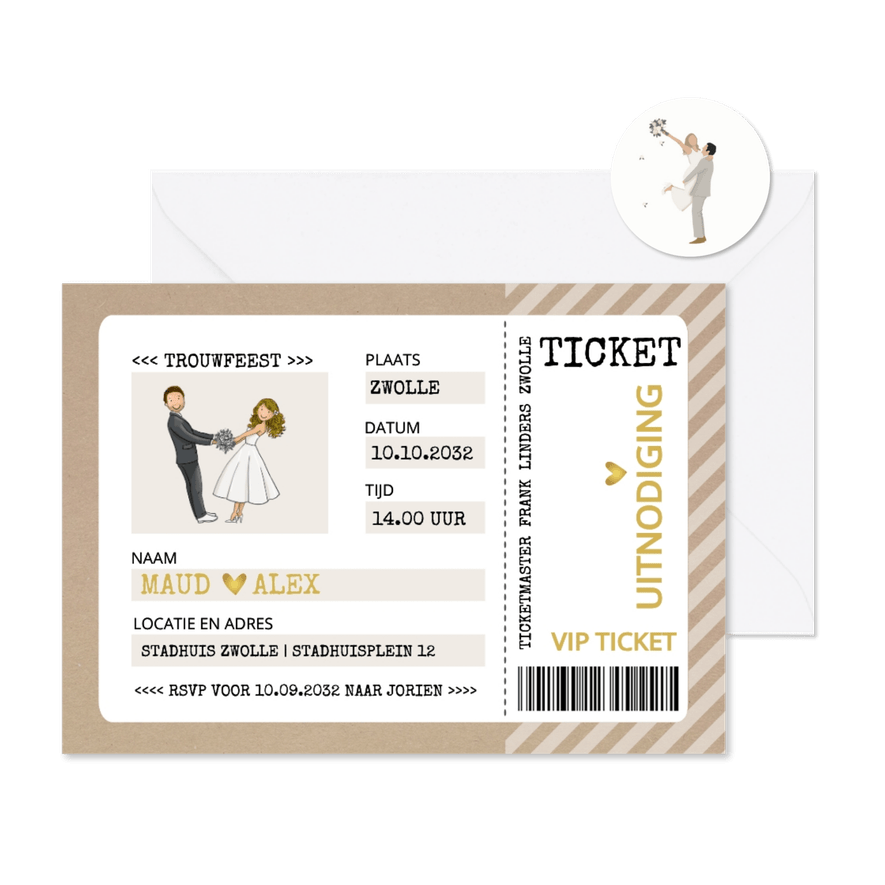 Trouwkaart ticket kraftlook met bruidspaar - Kaartimpressie