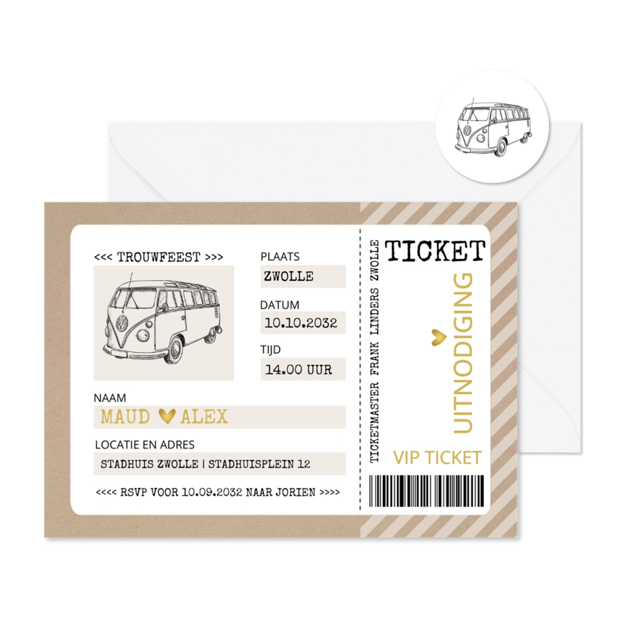 Trouwkaart ticket kraftlook met vw busje - Kaartimpressie