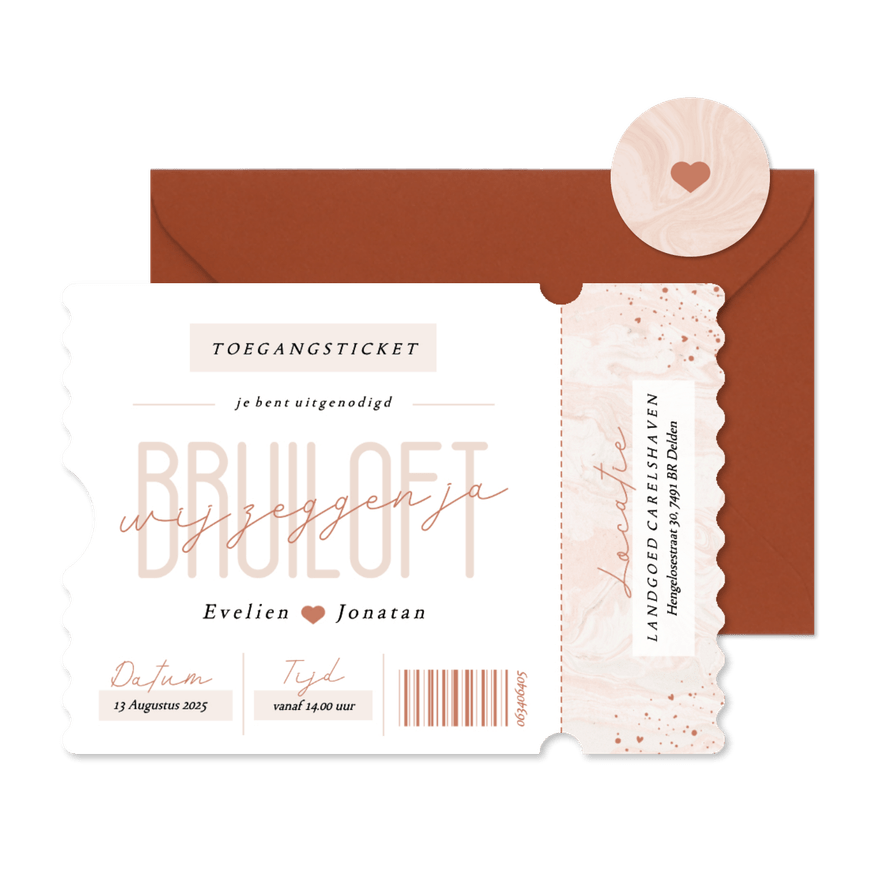 Trouwkaart ticket met roze marmer en hartjes - Kaartimpressie