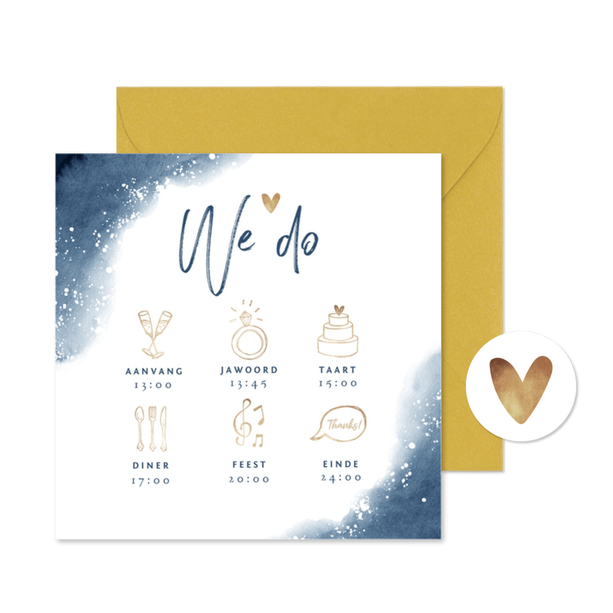 Trouwkaart tijdlijn icoontjes goud blauw spetters - Kaartimpressie