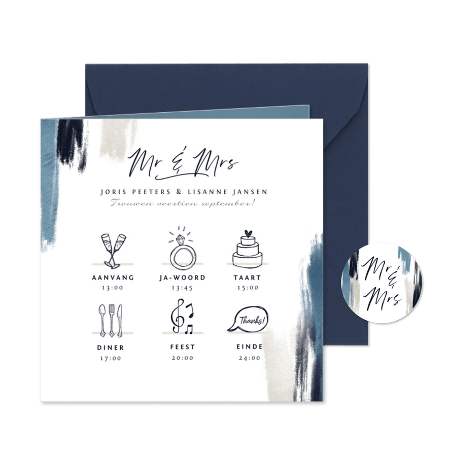 Trouwkaart tijdlijn icoontjes stijlvol waterverf blauw - Kaartimpressie