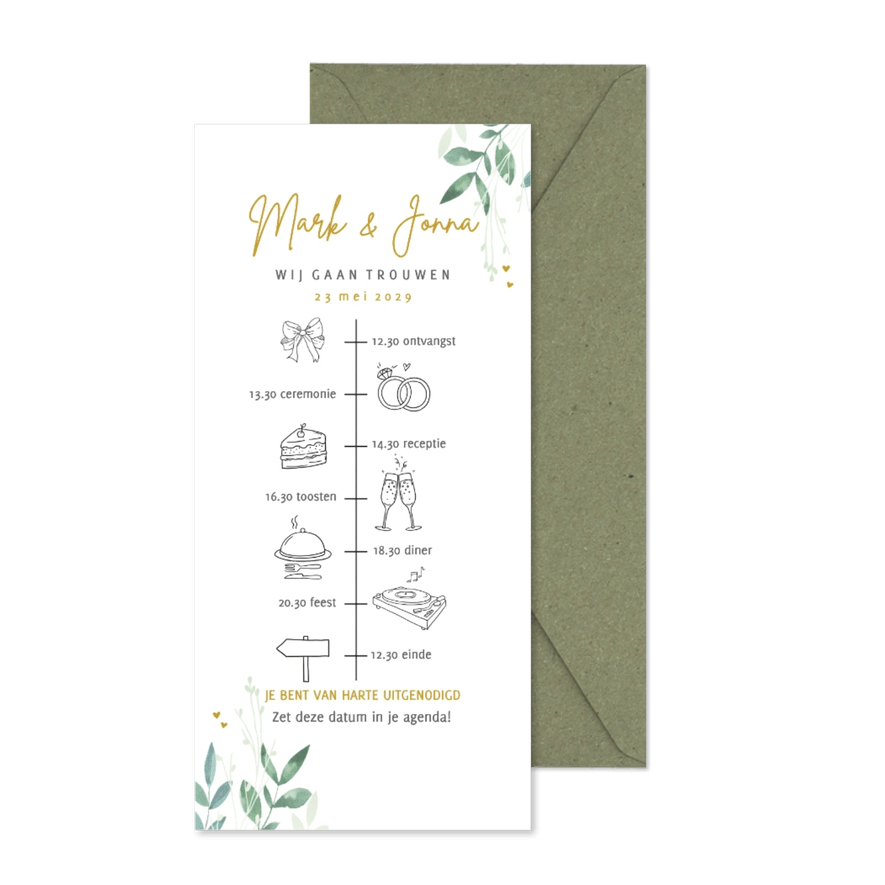 Trouwkaart tijdlijn met illustraties en takjes - Kaartimpressie