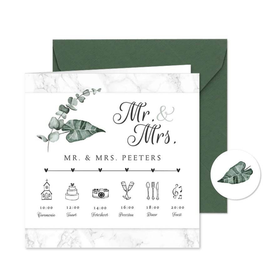 Trouwkaart tijdlijn stijlvol marmer eucalyptus klassiek - Kaartimpressie