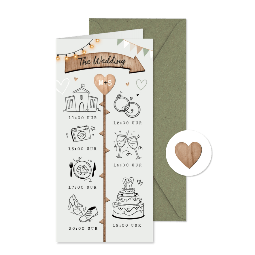 Trouwkaart tijdlijn wegwijzers hout festival groen - Kaartimpressie