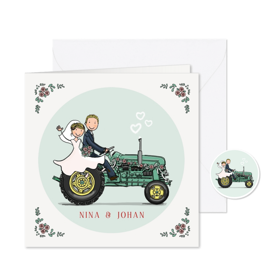 Trouwkaart tractor groen met geel - Kaartimpressie
