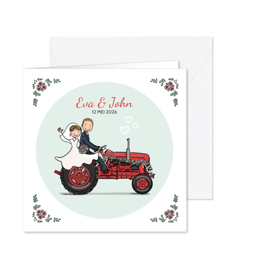 Trouwkaart tractor rood met bruidspaar - Kaartimpressie