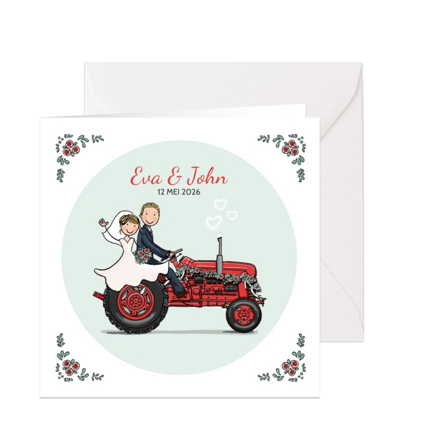 Trouwkaart tractor rood met bruidspaar - Kaartimpressie