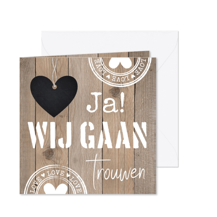 Trouwkaart typografie hartje houtlook - Kaartimpressie