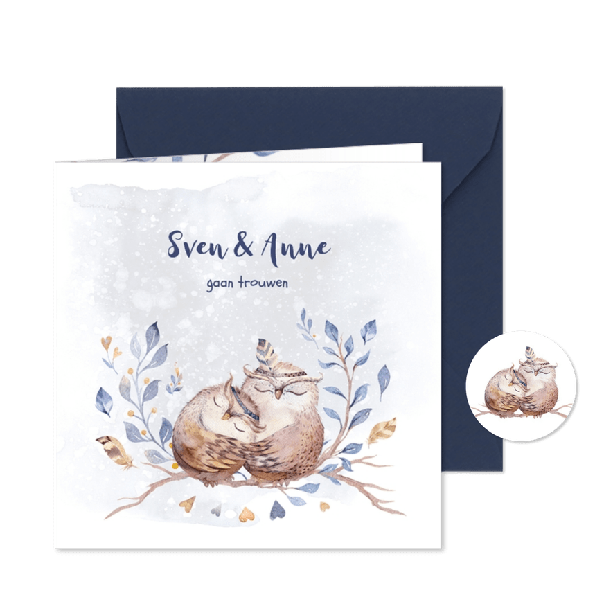 Trouwkaart uilenechtpaar met veertjes - Kaartimpressie